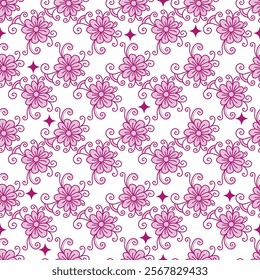 Vector simple geometric seamless bi-color floral pattern with rose doodle flowers and stars on transparent background