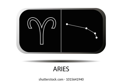 Vector. Simple geometric zodiac sign and constellation Aries on black background with title. Detailed stylish icon for cards. Modern style drawing