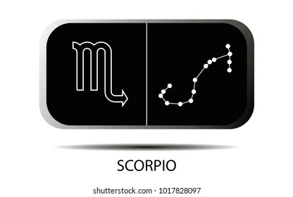 Vector. Simple geometric zodiac sign and constellation Scorpio on black background with title. Detailed stylish icon for cards. Modern style drawing
