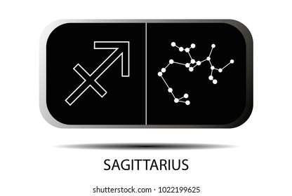 Vector. Simple geometric zodiac sign and constellation Sagittarius on black background with title. Detailed stylish icon for cards. Modern style drawing