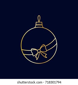 Vector simple golden Christmas tree ball with ribbon and bow. Line art design