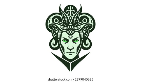 Vector simple graphic female portrait with an evil look, green eyes and a strange hairstyle. White isolated background. Logo, sticker or emblem.