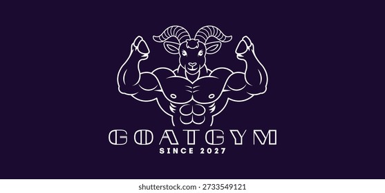Vector simple graphic logo, emblem. Powerful horned muscular bodybuilder with hooves. Goat gym, since 2027. Logotype strong animal. Dark isolated background.