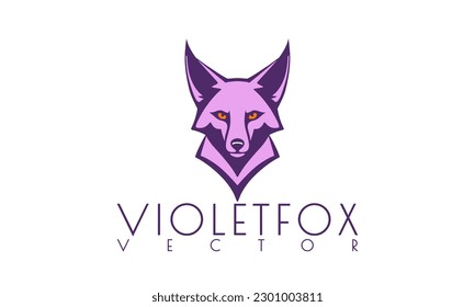 Vector simple graphic logo of a violet fox with orange eyes on a white isolated background.