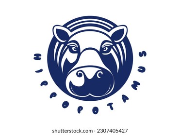 Vector simple graphic monochrome logo. Blue round stylistic hippopotamus head. White isolated background. Sticker or icon.