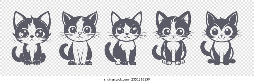 Vector simple graphic monochrome set of cartoon cute little sitting kittens. Friendly pets. Stickers or icons. Isolated background.