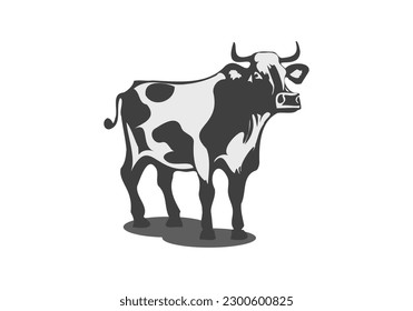 Vector simple graphic spotted black and white horned classic cow or bull. Farm artiodactyl herbivore. Light isolated background.