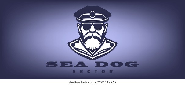 Vector simple graphic stencil, portrait of an elderly male ocean captain in a cap and glasses. Sea dog. Logo, icon or emblem.