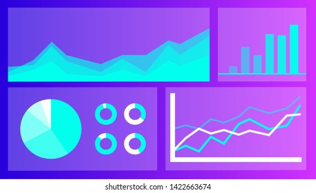 Vector simple graphs and charts icons illustration on purple gradient background