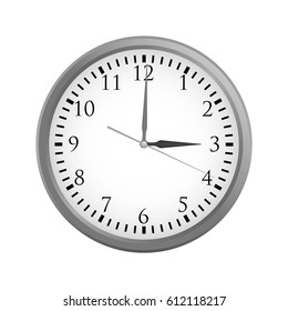 Vector simple gray and white round wall clock isolated on white. Clock at 3
