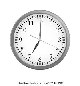 Vector simple gray and white round wall clock isolated on white. Clock at 7