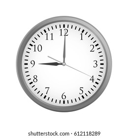 Vector simple gray and white round wall clock isolated on white. Clock at 9