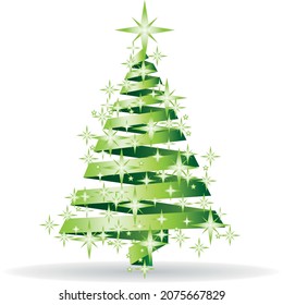 Vector Simple Green Christmas Tree With Bright Yellow Star On Top, Cartoon Style