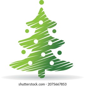 árbol de navidad verde simple vectorial con baubles verdes y blancos, estilo de caricatura