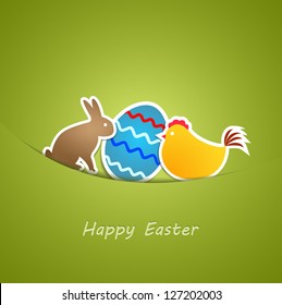 Vector Simple green easter card with egg, chicken and rabbit made from paper stripe