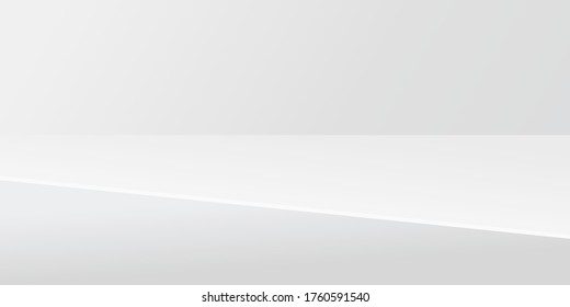 Vector. Simple grey and white background with empty studio table, stage, display, room, ground, floor, advertise product, copy space. 