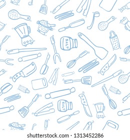 Vector Simple Hand Draw Sketch Seamless Pattern Blue Background, Cook Ware, for wallpaper, backdrop, wrapping paper or other      