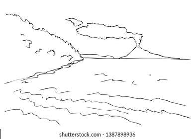 Vector simple hand draw sketch, forest and krakatao mountain with volcano