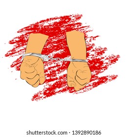 Vector Simple Hand Draw Sketch Flat Color, Ilustration for under arrest, man with Handcuff with red crayon streak background

