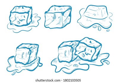 Vector Simple Hand Draw Sketch, Melting Ice Cube, Isolated on White
