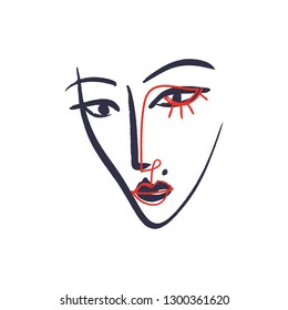 Vector simple hand drawn black and white trendy line portrait art. Colored print for clothes, textile and other. EPS illustration