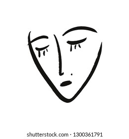 Vector simple hand drawn black and white trendy line portrait art. Monochrome print for clothes, textile and other. EPS illustration