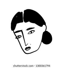 Vector simple hand drawn black and white trendy line portrait art. Monochrome print for clothes, textile and other. EPS illustration