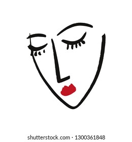 Vector simple hand drawn black and white trendy line portrait art. Red lips, print for clothes, textile and other. EPS illustration