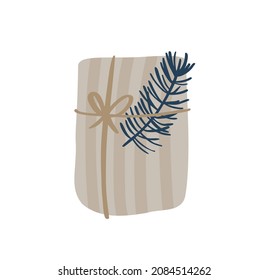 Vector Simple Hand drawn of scandinavian gift box with branch. Cute Christmas illustration. Element for holiday New Year, Birthday.