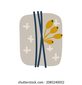 Vector Simple Hand drawn of scandinavian gift box with branch berries. Cute Christmas illustration. Element for holiday New Year, Birthday.