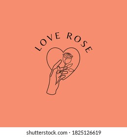Vector Simple Hand with Rose Flower Love Shape Beauty Line Art Logo Illustration Template Icon 