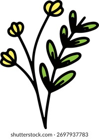 Vector Simple, hand-drawn illustration of a delicate wildflower stem with yellow blossoms and green leaves, isolated on white.