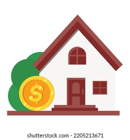 Vector simple house including dollar symbol. Real estate in USA. Dollar coin with house isolated on white. Flat House buy sale with money coin