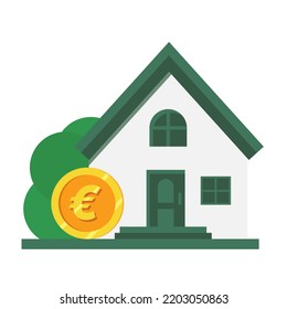 Vector simple house including euro symbol. Real estate in Europe. Euro coin with house in Europe isolated on white. Euro money. Euro coin with house. Buy home Europe