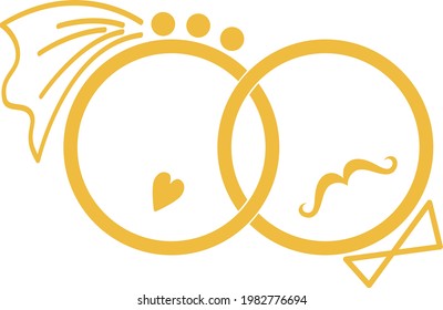 Vector simple icon. Bride and groom like two engagement gold rings. Element for design card, poster, invitation about wedding, valentine day, happy love, romance.