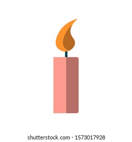 vector simple icon of a burning candle. Burning pink candle with orange flame, flat icon on a white background. Cartoon style.
