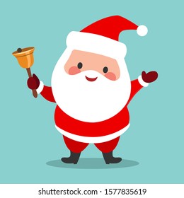 Vector simple icon cartoon illustration of cute smiling standing Santa Claus ringing a hand bell, isolated on aqua blue background. Christmas seasonal design element if flat contemporary style.