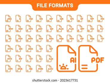 Vector simple icon set. Image, audio, video, book file formats line collection: EPS, AI, CDR, DOC, JPEG, SVG, DXF, PNG, TXT, TIFF, PDF, INDD, EPUB, FB2 XLS, HTML, MP3, FLAC, MP4, MOV, DVD, AVI