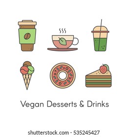 Vector Simple Icon Style Illustration Set with Desserts and Beverages including Fresh Coffee, Hot Green Organic Tea, Green Smoothie, Vegan Ice Cream, Sweet Donut and Piece of Cake with Strawberry 