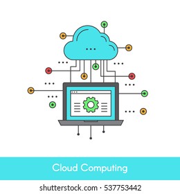 Vector Simple Icon Style Illustration of Cloud Computing Concept Design. Device Connected to the Cloud. Laptop with settings and wireless connection
