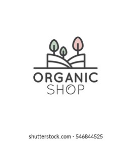Vector Simple Icon Style Illustration Logo for Organic Shop or Market, Minimal Simple Badge with Leafs and Trees