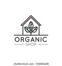 Vector Simple Icon Style Illustration Logo for Organic Shop or Market, Minimal Simple Badge with Leafs and Country House or Farm