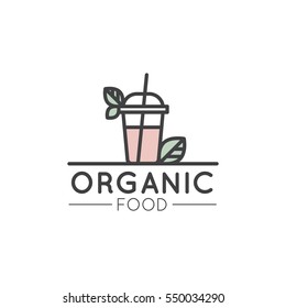 Vector Simple Icon Style Illustration Logo for Organic Shop or Market, Minimal Simple Badge with Leafs and Fresh Smoothie Drink