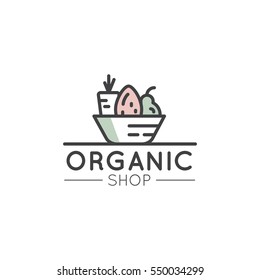 Vector Simple Icon Style Illustration Logo for Organic Shop or Market, Minimal Simple Badge with Fresh Vegetables in a Basket