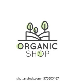 Vector Simple Icon Style Illustration Logo for Organic Shop or Market, Minimal Simple Badge with Leafs, Tree, Field and Herbs