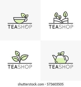 Vector Simple Icon Style Illustration Logo Set for Organic Herbal Tea Product Shop or Market, Minimal Simple Badge with Leafs, Tea Pot, Cup and Tree