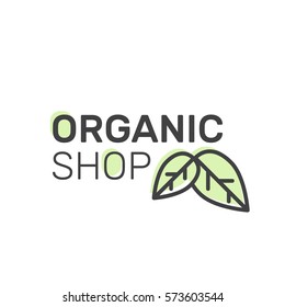 Vector Simple Icon Style Illustration Logo for Organic Shop or Market, Minimal Simple Badge with Leafs, Tree, Field and Herbs
