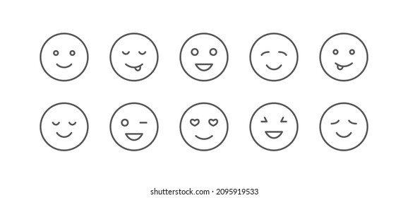 Vector simple icons of happy round face. Emoticons smiling faces. Emoji symbols. Editable stroke.