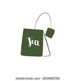 Vector simple illustration of an abstract silhouette of a tea bag with lettering. The concept break, rest, afternoon, tea drinking. You can use the element in web design, banners, etc.