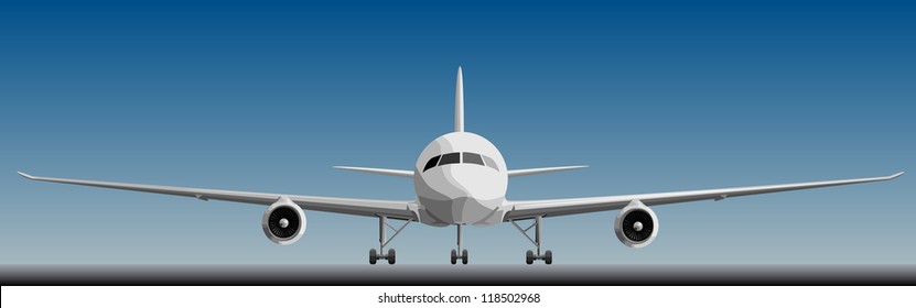 Vector Simple Illustration Of Big Plane In Front, With The Chassis On Blue Sky.